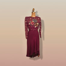 Load image into Gallery viewer, 70’s 80’s Vintage Bergundy Purple Chiffon High Low Floral Dress Tassle Extra Belt