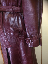 Load image into Gallery viewer, Vintage 70s Leather Coat Spy Trench Belted Fit and Flare Burgundy Oxblood Maroon Reddish Brown S/M
