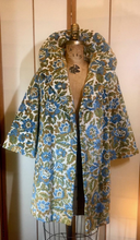 Load image into Gallery viewer, Woman's Vintage Coat-- 60s Blue Tapestry Swing Floral Carpet Brocade Wool Needlepoint Princess Pinup Mod Coat Spring Winter Fall