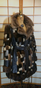 60s Vintage Mink Leather Coat Patchwork Checkered Color Block Mosaic Coat M/L/XL