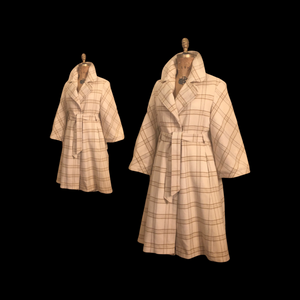 60’s Cream White Plaid Wrap Wool Fit Flare Coat Neutral Natural Colors Belted