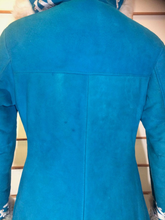 Load image into Gallery viewer, Suede and Shearling Lamb Turquoise Blue and White Embroidered Afghan Coat Almost Famous Hippy Chic Penny Lane S/M Beatles British Invasion!