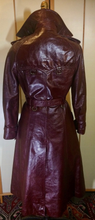 Load image into Gallery viewer, Vintage 70s Leather Coat Spy Trench Belted Fit and Flare Burgundy Oxblood Maroon Reddish Brown S/M
