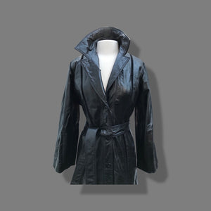 Black Montgomery Ward Leather Spy Trench with Suede Inserts