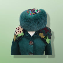 Load image into Gallery viewer, 2000’s Teal Green Blue Shearling Suede Lamb Karakul Swakara Floral Coat Victorian Penny Lane Boho