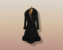 Load image into Gallery viewer, 60’s Black Coat Vintage Lilli Ann Fit and Flare Shearling Pinup Princess Beaded Belt