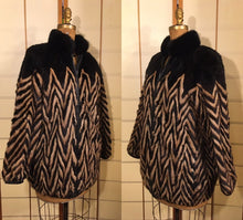 Load image into Gallery viewer, Vintage Women Men Unisex 80s Reversible Mink Chevron Black Leather Bomber Coat Jacket Glam Wear Two Ways Versatility