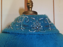 Load image into Gallery viewer, Lilli Ann Swing Mohair Blue Aqua Turquoise Hand Beaded Jeweled Embroidered Wool Luxury S/M/L Pinup 50s 60s Mad Men Mod