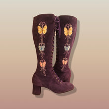 Load image into Gallery viewer, 70’s Purple Suede Gogo Hippy Boho Embroided Boots Rare size7.5/8 Lace Up Floral