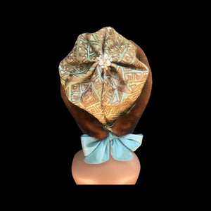 Whiskey Mink Himalayan Hat Fur Embroidered Light Blue Green Golden Embroidered Silk