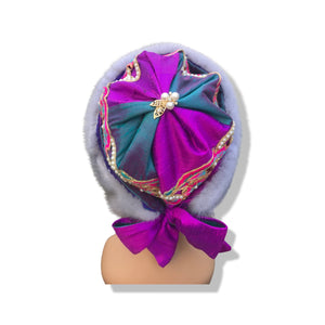 Himalayan Hat Sapphire Mink in raw silk Pink Blue Embroidered Gift Fall Winter