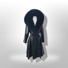 Load image into Gallery viewer, Black Lamb Leather Princess Coat Couture Made in France Massive Shearling Fox Collar