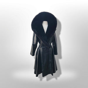 Black Lamb Leather Princess Coat Couture Made in France Massive Shearling Fox Collar