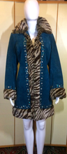 Load image into Gallery viewer, Teal Blue Suede Jeweled Afghan Coat- Tiger Faux Fur Faux Shearling 70s Penny Lane Almost Famous S/M Boho Hippie Hippy Russian Princess