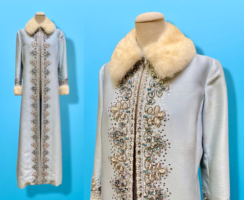 60’s “Jackie Kennedy Style” Full length Opera Gown Coat in Light Blue Hand Beaded Crystal and Ermine Mink Trim