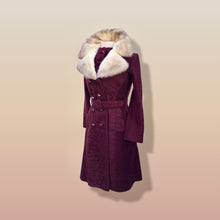 Load image into Gallery viewer, Vintage Wine Maroon Wool Mad Men 60’s Mohair Peacoat with Cross Mink Collar Mod