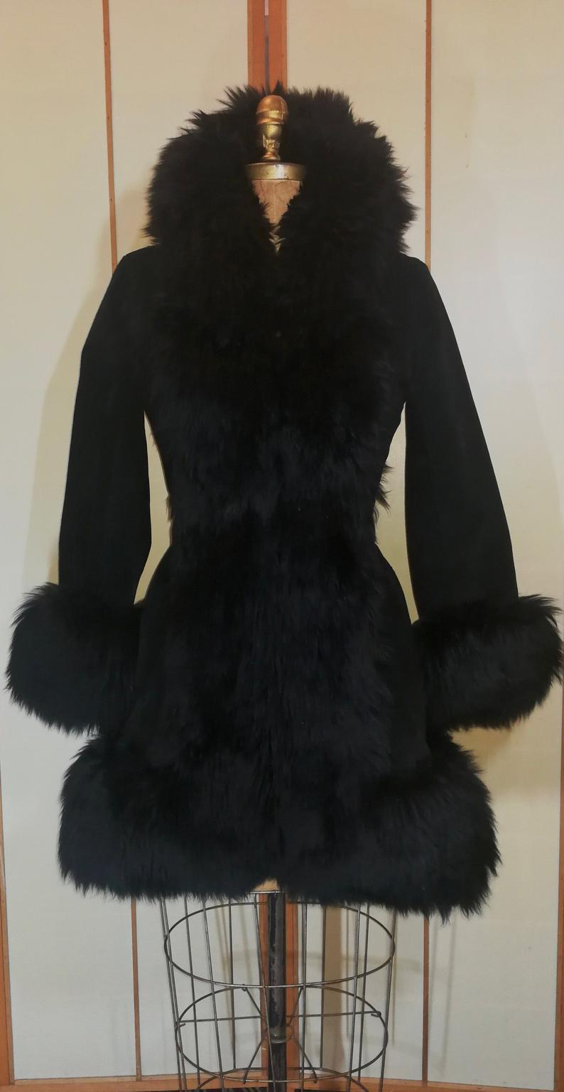 Lilli Ann London 70s Black Suede Shearling Lamb Almost Famous Fit and Flare Russian Princess Petite Penny Lane Coat Small