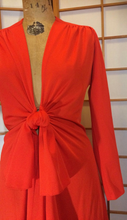 Load image into Gallery viewer, 1970s Plunging Red Dress &quot;Lady in Red&quot; Plunging Knotted Neckline Empire Dress M/L Made in Paris