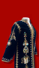 Load image into Gallery viewer, 60s 70s MUSEUM Collectible Vintage Royal Velvet Cleopatra Overcoat and Tunic Set Duster Hand Embroidered Pearls Exotic Persian Fashion History Ottoman Empire