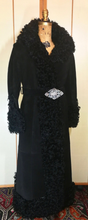 Load image into Gallery viewer, Black Suede Leather Curly Lamb Mongolian Penny Lane Almost Famous Hippy Shearling Russian Princess Coat S/M Full Length Long