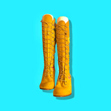 Load image into Gallery viewer, Iconic 70’s Mustard Yellow Suede Floral Embroidered Boots size 7 Wooden Heel