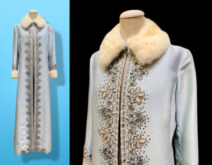 60’s “Jackie Kennedy Style” Full length Opera Gown Coat in Light Blue Hand Beaded Crystal and Ermine Mink Trim