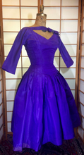 Load image into Gallery viewer, 50s Purple Dress--Taffetta Pinup Audrey Hepburn Sabrina! Pleated Full Skirted Double Layered Crinoline 3/4 Sleeves Dress S/XS