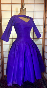 50s Purple Dress--Taffetta Pinup Audrey Hepburn Sabrina! Pleated Full Skirted Double Layered Crinoline 3/4 Sleeves Dress S/XS