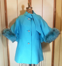 Load image into Gallery viewer, 60s Mod Lilli Ann Cape Flare Bell Sleeve Turquoise Dyed Blue Aqua Norwegian Fox Fur Rhinestone Short Dress Coat Made Men Jackie Kennedy