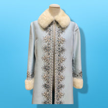 Load image into Gallery viewer, 60’s “Jackie Kennedy Style” Full length Opera Gown Coat in Light Blue Hand Beaded Crystal and Ermine Mink Trim