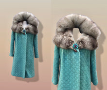 Load image into Gallery viewer, Vintage 60’s Sky Blue Coat Wool Boucle Swing with Luxury Fox Fur Massive Collar Flexible one size fits all