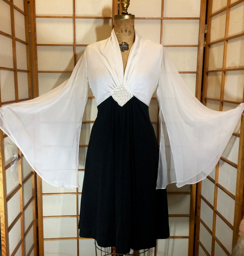 Angel Wing Flare Sleeve Dress-- Maxi 70s Black and White Saturday Nigh –  LilliAnnFashions