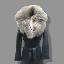 Load image into Gallery viewer, 70’s Spy Trench Leather Coat with Removable Shearling Collar Dark Blue