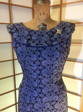 Load image into Gallery viewer, 50s 60s Blue Cotton Authentic Wiggle Dress One Piece Vintage Lace Design With Brooch