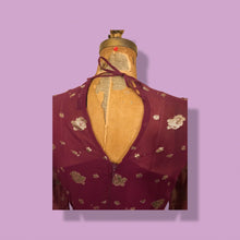 Load image into Gallery viewer, 70’s 80’s Vintage Bergundy Purple Chiffon High Low Floral Dress Tassle Extra Belt