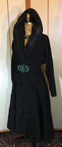 50s Fit and Flare Princess Wool Black Coat Scalloped Satin Pinup New Look S