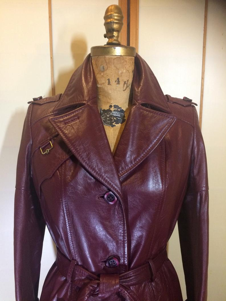 Women's Belted Burgundy Leather Trench Coat - HJacket