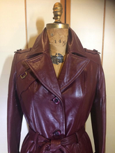 Load image into Gallery viewer, Vintage 70s Leather Coat Spy Trench Belted Fit and Flare Burgundy Oxblood M