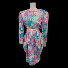 Load image into Gallery viewer, Floral 80’s Dress Silk Pink Blue  Puff Sleeve Pastel Ruched