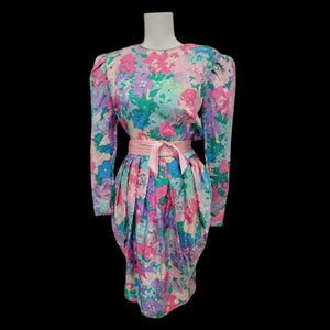 Floral 80’s Dress Silk Pink Blue  Puff Sleeve Pastel Ruched