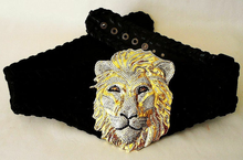 Load image into Gallery viewer, Vintage 80s Lion Belt with Real Swarovski Crystals Made in Austria Henry Bijoux Paris Hand Made Suede Black Small Jeweled Thick Cinch Glam