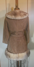 Load image into Gallery viewer, 70s Suede Sheepskin Shearling Tan Penny Lane Coat Princess Fit and Flare Almost Famous Small Medium Boho Hippy Bohemian