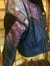 Load image into Gallery viewer, Vintage 80s 90s Glam Street Wear Puffer Purple Patchwork Blue Moon Velvet Tapestry Hooded Coat Irridescent L/XL