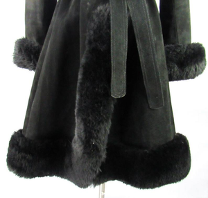 Black Suede 70s Shearling Leather Penny Lane Coat Almost Famous S/M Mid Length Boho Goth Hippy Princess