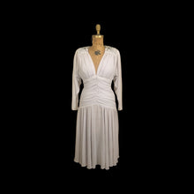 Load image into Gallery viewer, 80’s does 20’s Art Deco Chiffon Beaded Dress in Pearl Gray Fitted Waist full skirt