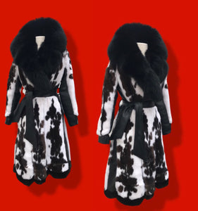 Couture  New Jaguar Mink Fox Fur Lamb Leather Princess Scalloped Coat Black and White Brand New