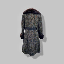 Load image into Gallery viewer, 60’s Mod Vintage Tapestry Wool Carpet Coat Black and Brown with Genuine Fur Trim