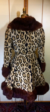 Load image into Gallery viewer, 50s Pin-up Faux Leopard Coat--Real Luscious Fur Trimmed Fit and Full Flare 1960s Winter Coat Small/Medium Russian Princess