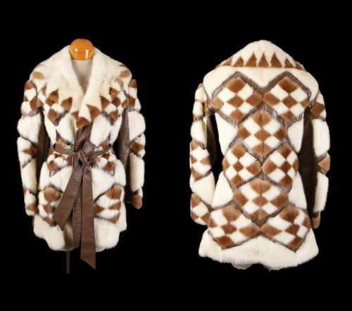 60’s Coffee and Cream Colored Mosaic Geometrical Mink Leather Mod Coat Tan Brown Cream