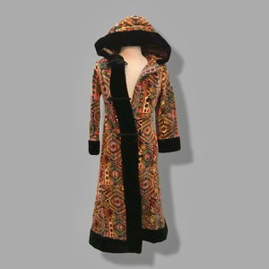 60’s 70’s Vintage Carpet Coat Needlepoint Hooded Sherpa Trim Fit and Flare